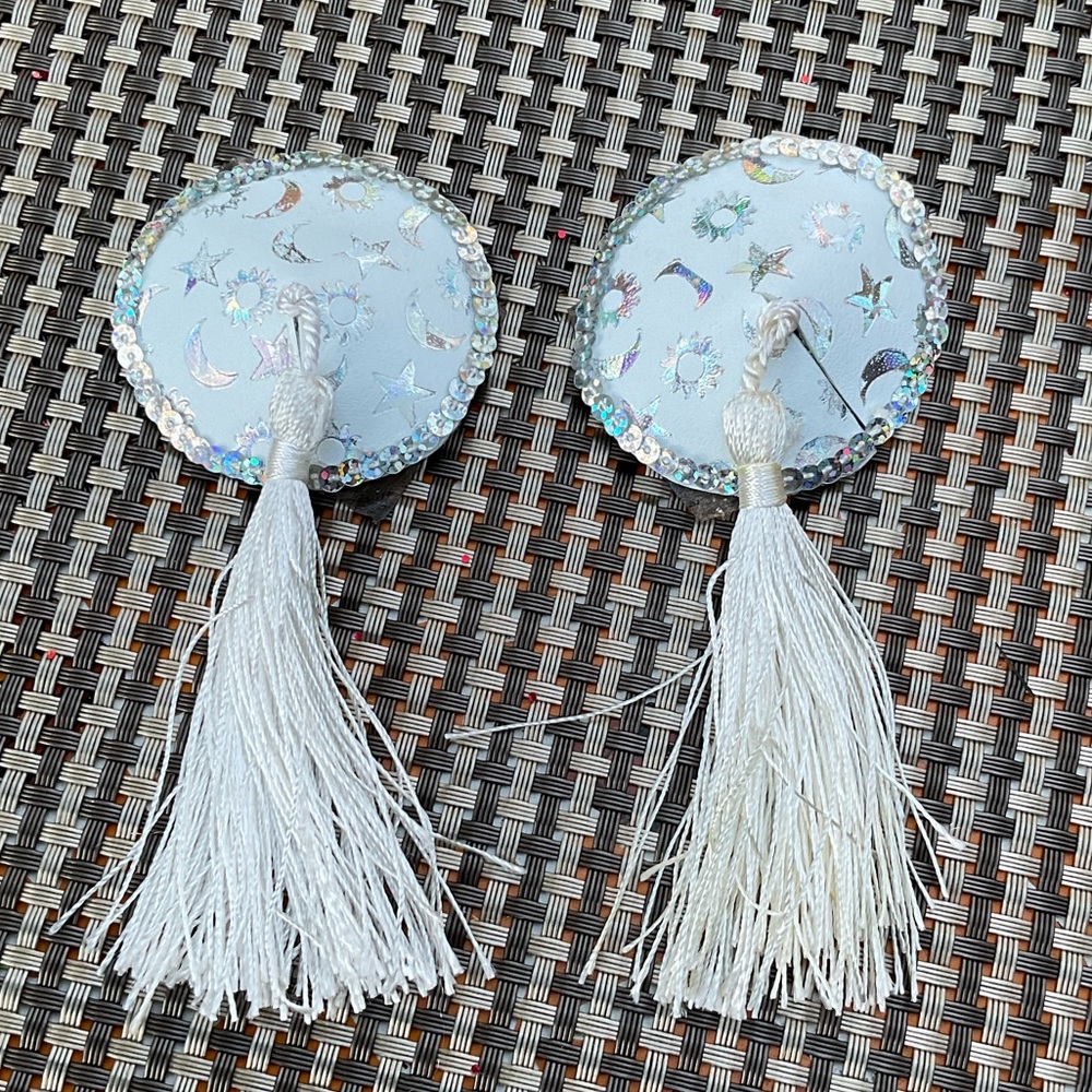 White pasties silver sequins trim iridescent moon stars astrological  burlesque